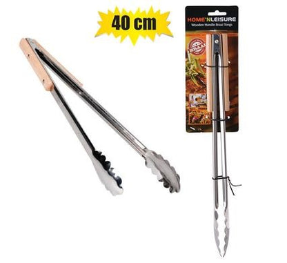 BBQ Tongs S/S 40cm Wooden Handle