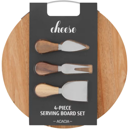 Cheese Knife & Round Serving Board Set 4 Piece