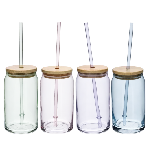 Coloured Glass Jars With Straws 420ml - Set of 4