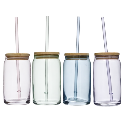 Coloured Glass Jars With Straws 420ml - Set of 4