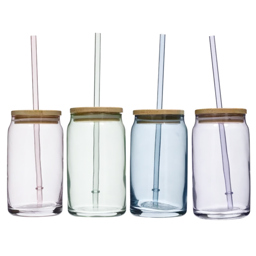 Coloured Glass Jars With Straws 420ml - Set of 4