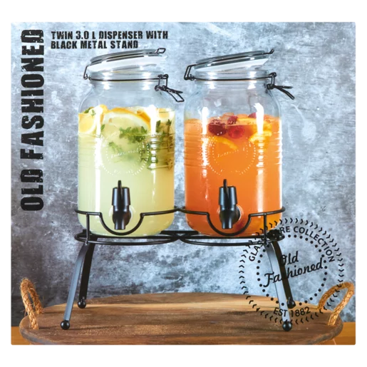 Old Fashioned Twin Dispenser With Black Metal Stand 3 Piece