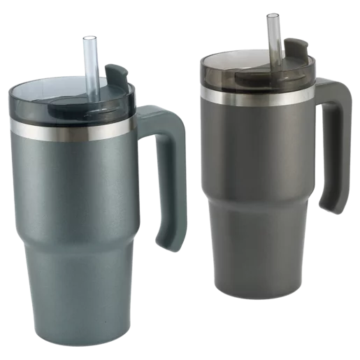 Travel Mugs with Handle & Straws 600ml - Set of 2