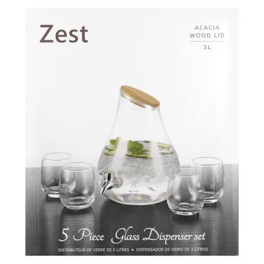 Zest Glass Drink Dispenser With Acacia Wood Lid Set - 5 Piece (4 Glasses)